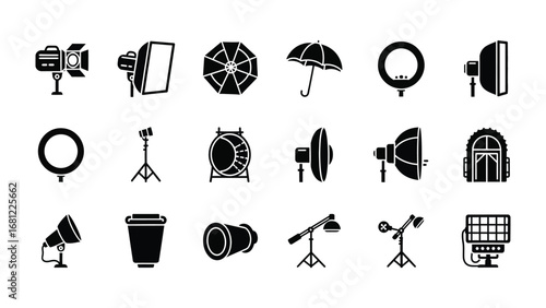 Iconic Photography Equipment: a collection of photography equipment, offering a detailed view of various lighting and capturing tools in a classic, flat illustration for visual design.