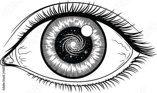Eye: A detailed line art illustration of a human eye with a galaxy spiral in the iris, symbolizing cosmic consciousness and spiritual vision.