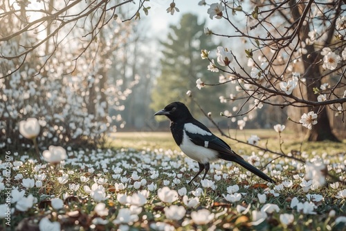 Magpie perched among blossoms in a seasonal forest setting
