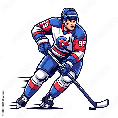 Hockey player on the Ice: Dynamic illustration of a hockey player in full gear, showcasing power and speed as he skillfully maneuvers the puck.