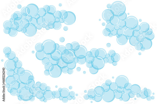 Set of flat icons with soap bubbles. Soap foam bubbles, oxygen bubbles, water bubble