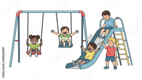 Playground Bliss: A vivid illustration captures the innocent joy of childhood, with children laughing and playing on swings and slides, embracing the carefree moments of a sunny day at the playground.