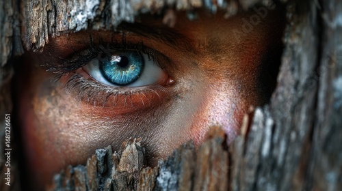 Close up eye with wood texture face