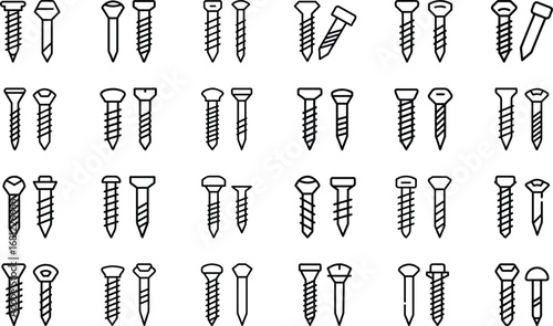 Collection of various screw and bolt icons with different head types and threads fastener