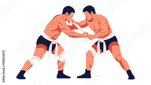 Wrestlers Engaged in a Fierce Battle: Two powerful wrestlers, stripped to the waist, engage in a heated wrestling match, demonstrating strength, strategy.
