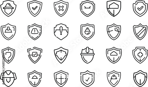 Collection of shield icons with various safety and security symbols protection