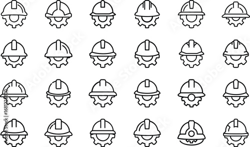 Hard hat and gear line art icons on white background vector
