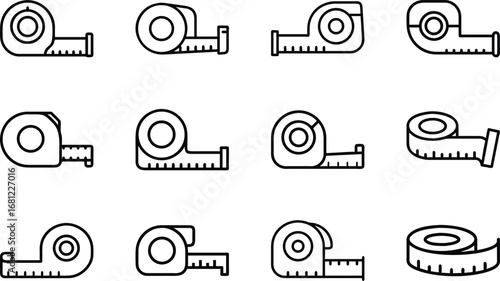 Collection of twelve black and white line art icons of measuring tapes measure tool