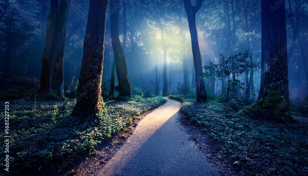 Fototapeta premium enchanted forest pathway at night