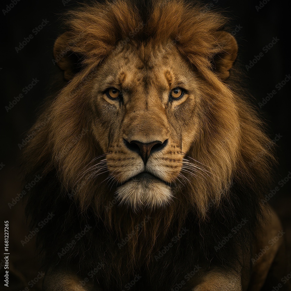 Fototapeta premium Majestic lion portrait with powerful expression and dramatic lighting showcasing wild animal strength and natural beauty