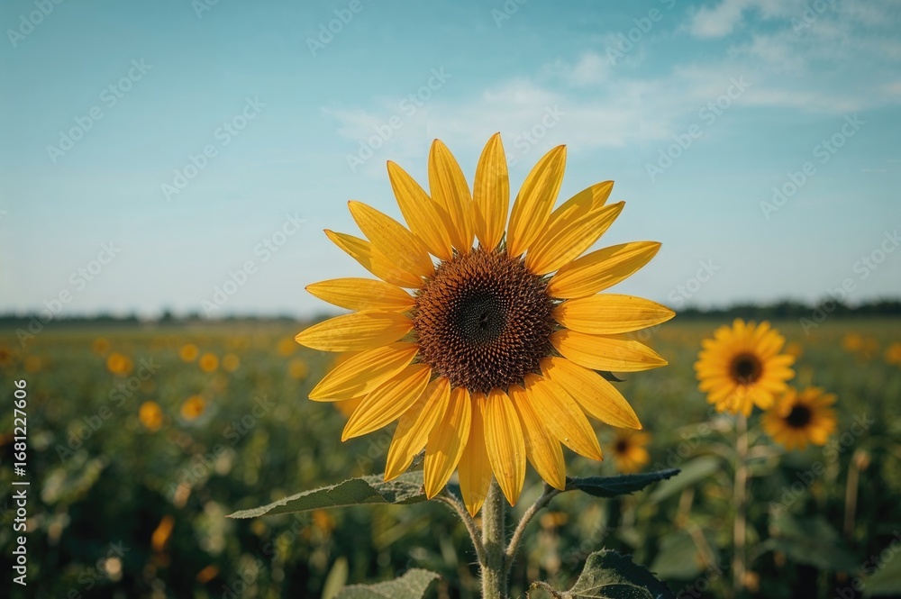 Fototapeta premium Sunflower blossoming under bright sunlight with a lush green backdrop