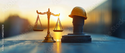 The scales of justice and a helmet at sunset are useful for publications on labor law, workplace safety, and legal services for workers.