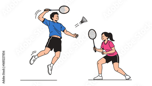Badminton Match in Progress: A dynamic illustration captures a lively badminton match, with a player poised for a powerful overhead smash while the opponent prepares to return the shuttlecock.