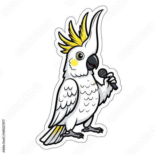 Singing Cockatoo: A charming illustration of a vibrant cockatoo serenading with a microphone in a dynamic pose, expressing music with fun and energy.