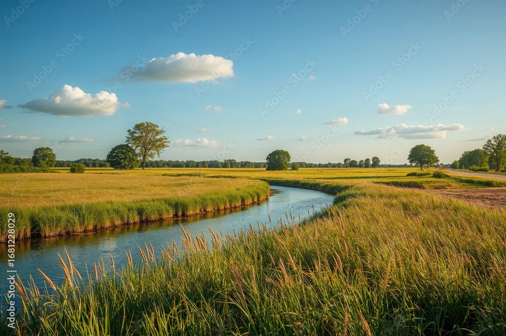 Fototapeta premium Summer scene featuring a pond
