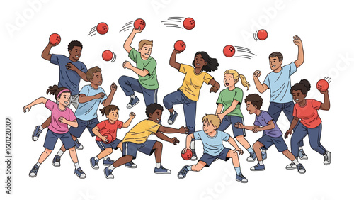 Dodgeball Frenzy: A vibrant illustration of children and teens engaged in a lively dodgeball game, showcasing dynamic action, teamwork, and energetic play.