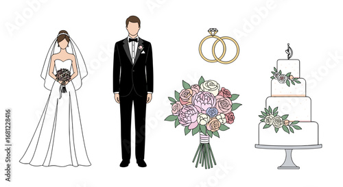 Illustration of a bride and groom with wedding cake rings and floral bouquet