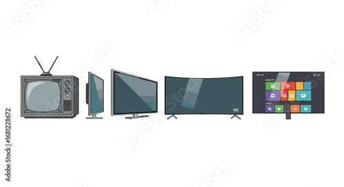 Evolution of television sets from vintage to modern smart tvs in a row display