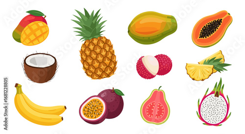 Illustration of a colorful array of tropical fruits including mango and pineapple