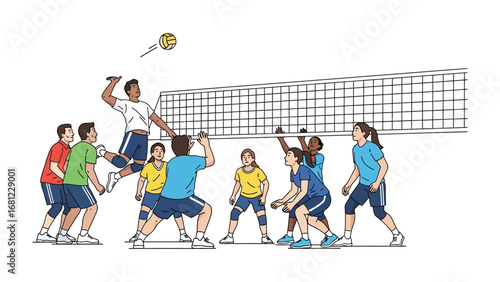 Volleyball Action: Dynamic illustration showcasing a volleyball game in full swing, players demonstrating skill, teamwork and the thrill of the sport.