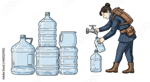 Woman filling water bottles from a tap with stacked jugs beside her on the left