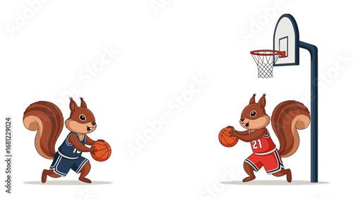 Basketball Squirrels Showdown: Two cartoon squirrels in basketball uniforms prepare to face off in a competitive game of hoops on a minimalist, vibrant background, with dynamic action lines.