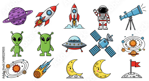 Illustration of space elements including planets rockets and an astronaut waving