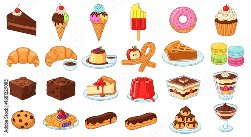 A collection of various desserts including pastries cakes and frozen treats shown