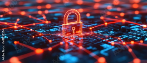 A digital representation of cybersecurity, featuring a glowing padlock surrounded by interconnected circuits, symbolizing data protection and network security.
