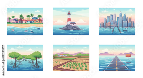 Illustrations of diverse landscapes including coastal, urban, and rural scenes