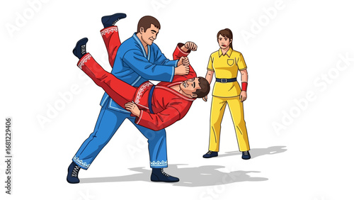 Dynamic Judo Throw in Action: A vibrant illustration captures the intense action of a judo throw, with a skilled athlete executing a powerful move, observed by an attentive referee.