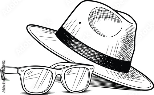 Hat: A clean line art illustration of a vintage fedora hat and a pair of sunglasses, creating a classic and stylish, retro look.