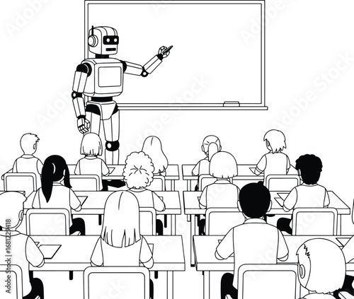 Robot: A minimalist illustration of a robot teaching students in a classroom, symbolizing future education and artificial intelligence.
