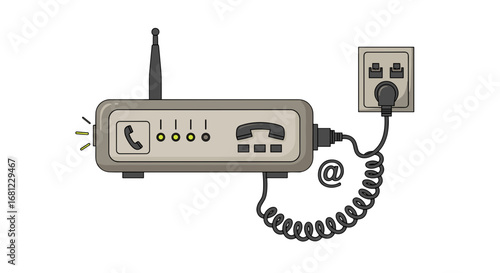 Illustration of a telephone modem with antenna plugged into a wall outlet box