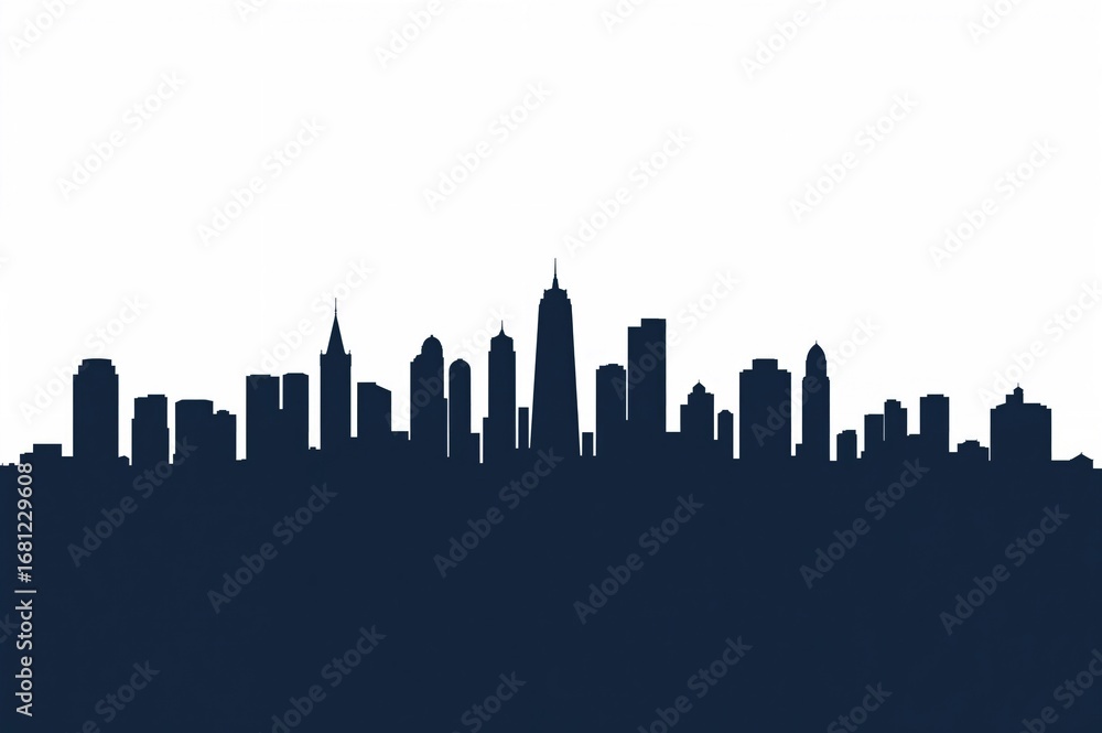 Fototapeta premium City skyline silhouette on white background with flat 2D illustration featuring modern and historic buildings for business, travel, and tourism themes