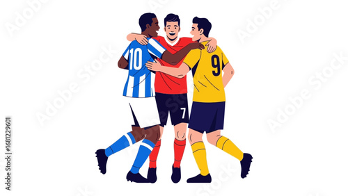 United in Victory: Three soccer players, united in the spirit of triumph and team, embrace in a display of camaraderie and athletic excellence. Capturing the essence of unity, dedication.
