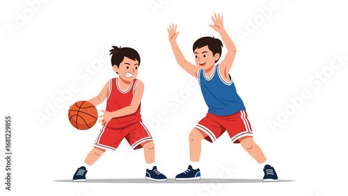 Basketball Game: A dynamic illustration capturing two young players engaged in an intense basketball game, showcasing agility, competition, and the thrill of the sport.