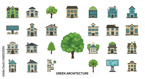 Collection of various cartoon style buildings and trees on a white background