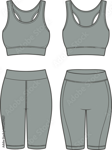 Activewear set vector, sports bra and biker shorts, front and back view, gym outfit template, flat sketch illustration