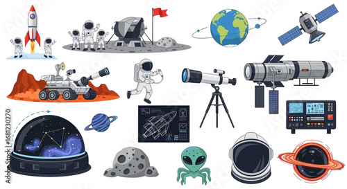 Illustration featuring various elements related to space exploration and astronomy