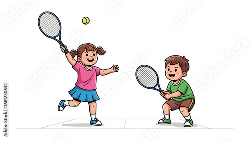Tennis Fun: Playful children enjoy a spirited game of tennis, their faces lit up with the joy of competition and physical activity. A tennis ball hangs suspended in mid-air