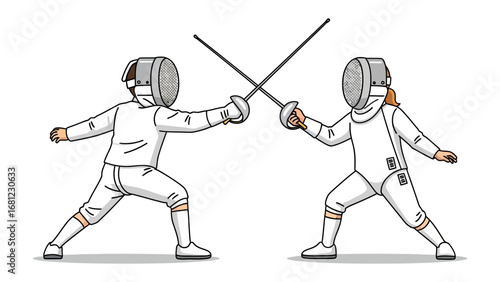 Fencing Duel in Motion: Two masked fencers engage in an intense bout of fencing, poised and ready, the thrill of the sport on display.