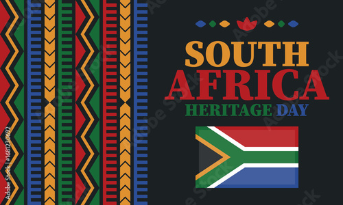 South Africa Heritage Day. Happy holiday. Celebrate culture and traditions of nation. South African flag. Poster with illustration. Pattern design. Vector