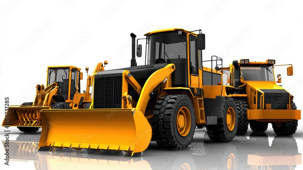 Fototapeta premium Three construction vehicles, including a bulldozer and loaders, showcased in a well-lit studio environment