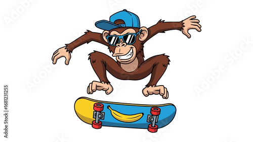 Cool Monkey On Skateboard: A cheerful monkey sporting a cap and sunglasses pulls off a cool skateboard stunt in a vibrant display of fun, skill, and carefree vibes. 