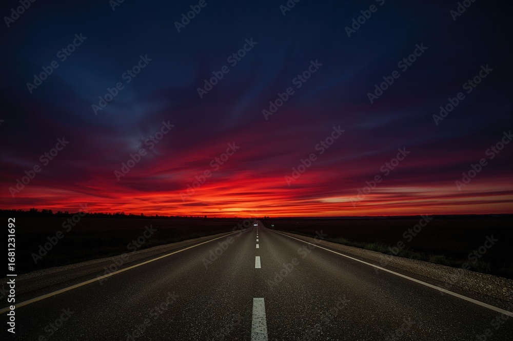 Naklejka premium Twilight glow over a paved highway under deep red skies