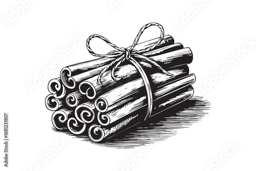 Vintage engraving of cinnamon sticks tied with string. Black and white botanical sketch