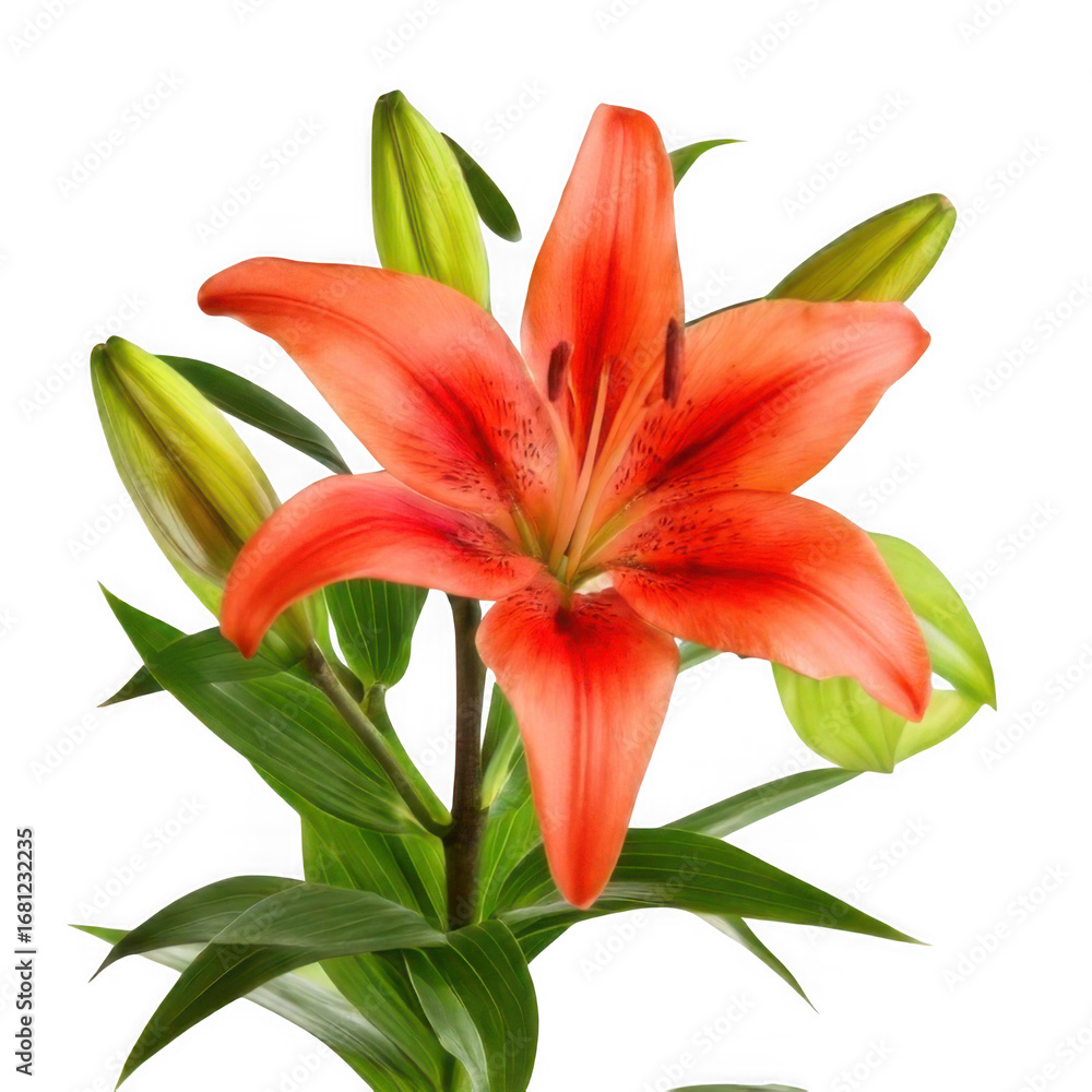 Fototapeta premium Lily with green leaves, isolated on white and transparent background