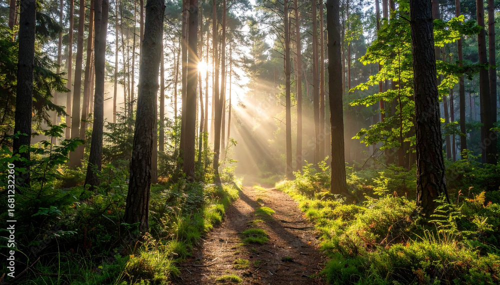 Obraz premium A serene forest path covered in morning mist