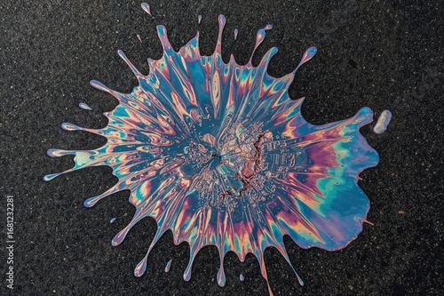 Top-down view of a shimmering oil or fuel slick on damp asphalt